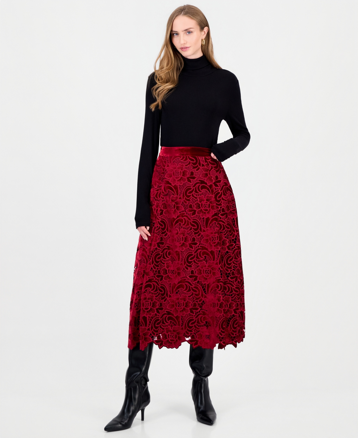 Elie Tahari Women's The Elliana Velvet Lace High-Waisted Floral-Print Midi Skirt - Dark Red L