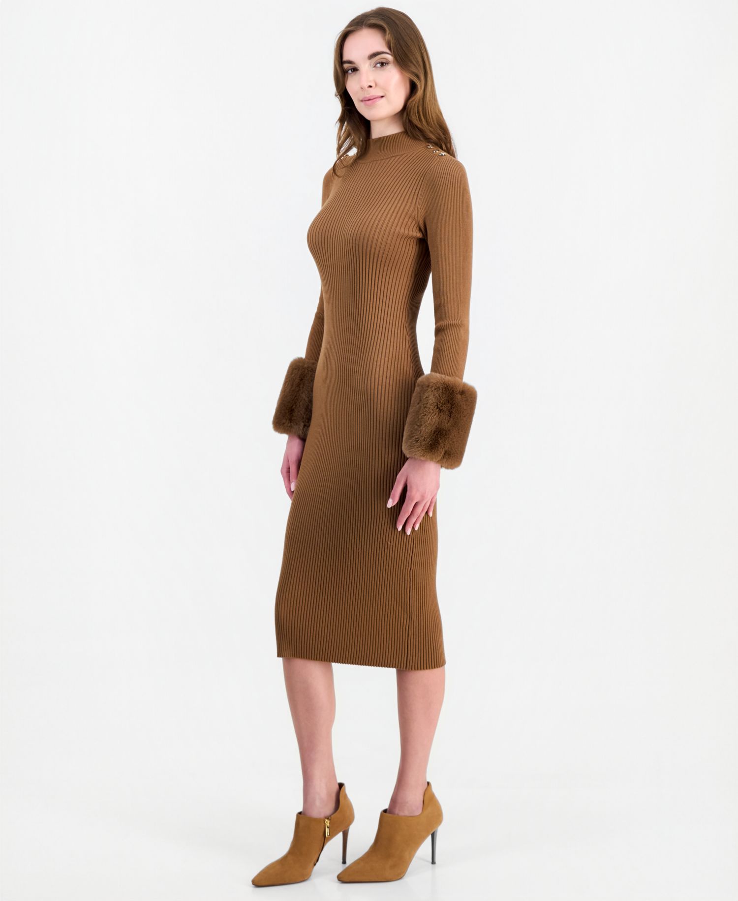 Women's Savannah Long-Sleeve Mock-Neck Faux-Fur-Cuff Midi Sweater Dress
