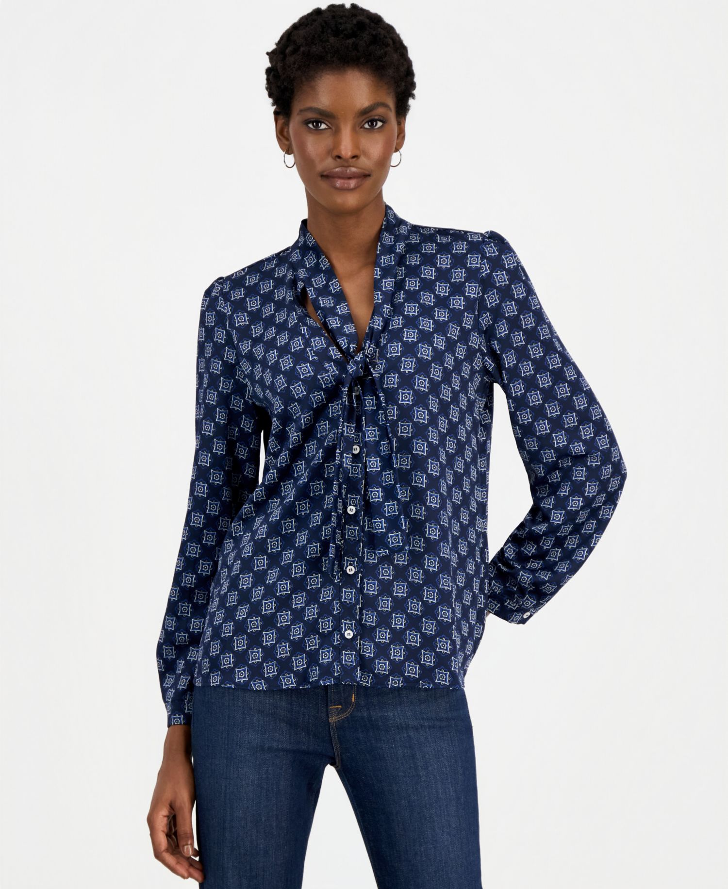 Women's Emmalbore Long-Sleeve V-Neck Geometric-Print Blouse