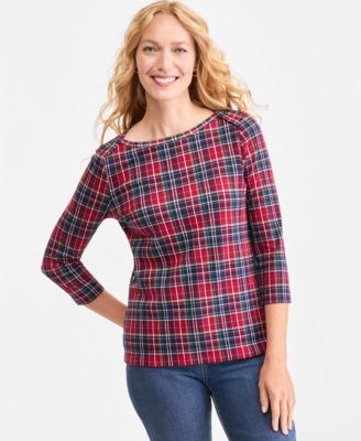Women's Plaid Pima Cotton 3/4-Sleeve Top