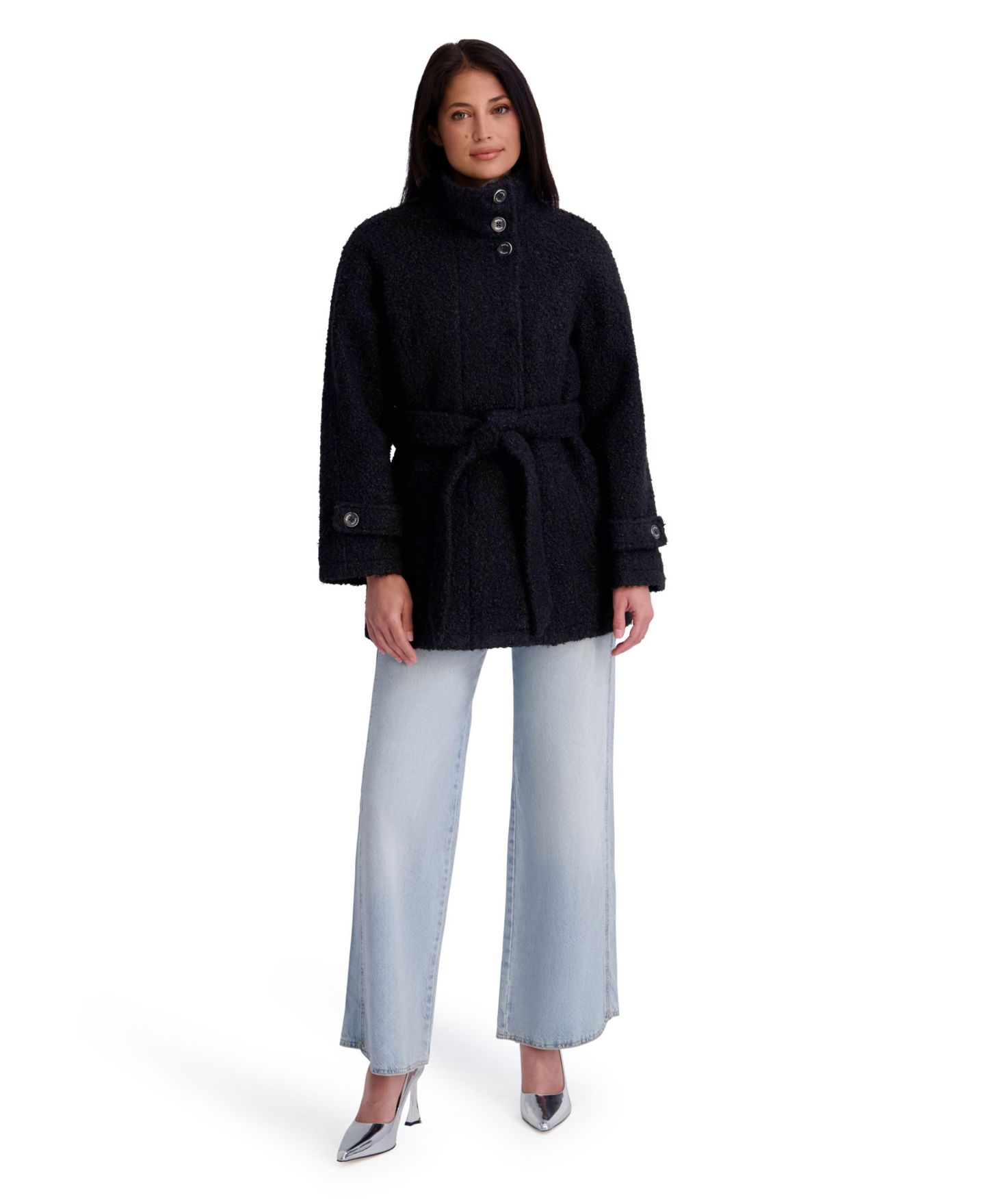 Женская куртка Kensie Belted Faux-Boucle, цвет: Чёрный — фото 1