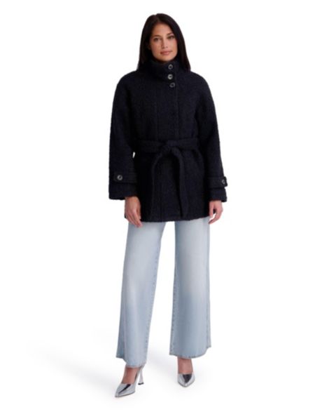 Женская куртка Kensie Belted Faux-Boucle, цвет: Чёрный