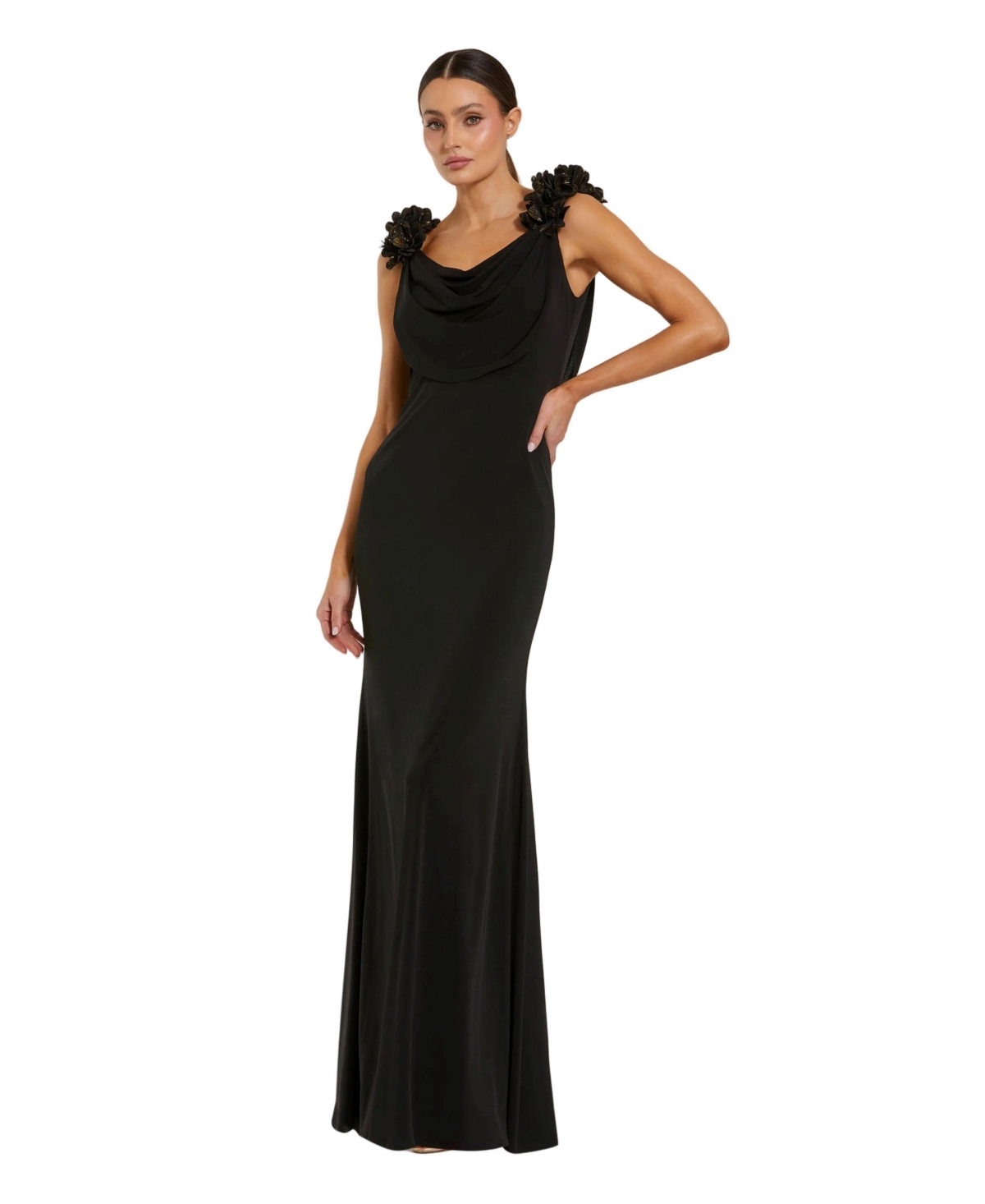 Ieena for Mac Duggal - Black Gold Cowl Neck Jersey Gown With 3D Flower Straps - US M