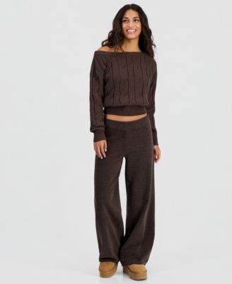 Juniors' Chenille Cable-Knit Off-the-Shoulder Slouchy Sweater and Pull-On Wide-Leg Pants