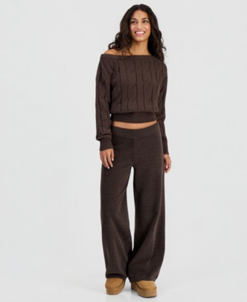 Женские комплекты Hippie Rose Juniors' Chenille Cable-Knit Off-the-Shoulder Slouchy Sweater and Pull-On Wide-Leg Pants, цвет: Ballet Slipper