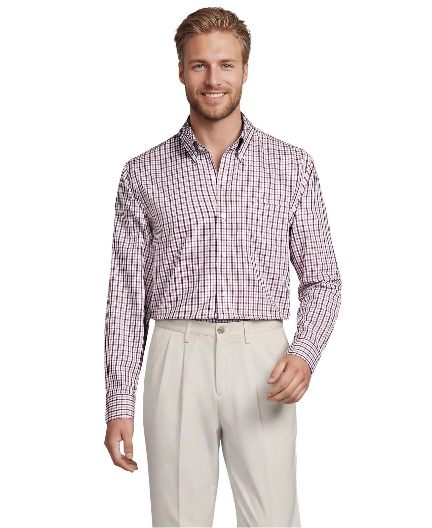 Мужская рубашка Lands' End No Iron Supima Cotton Pinpoint Buttondown Collar Dress Shirt, цвет: Бордовый / Розовато-лиловый разноцветный клетчатый — фото 1