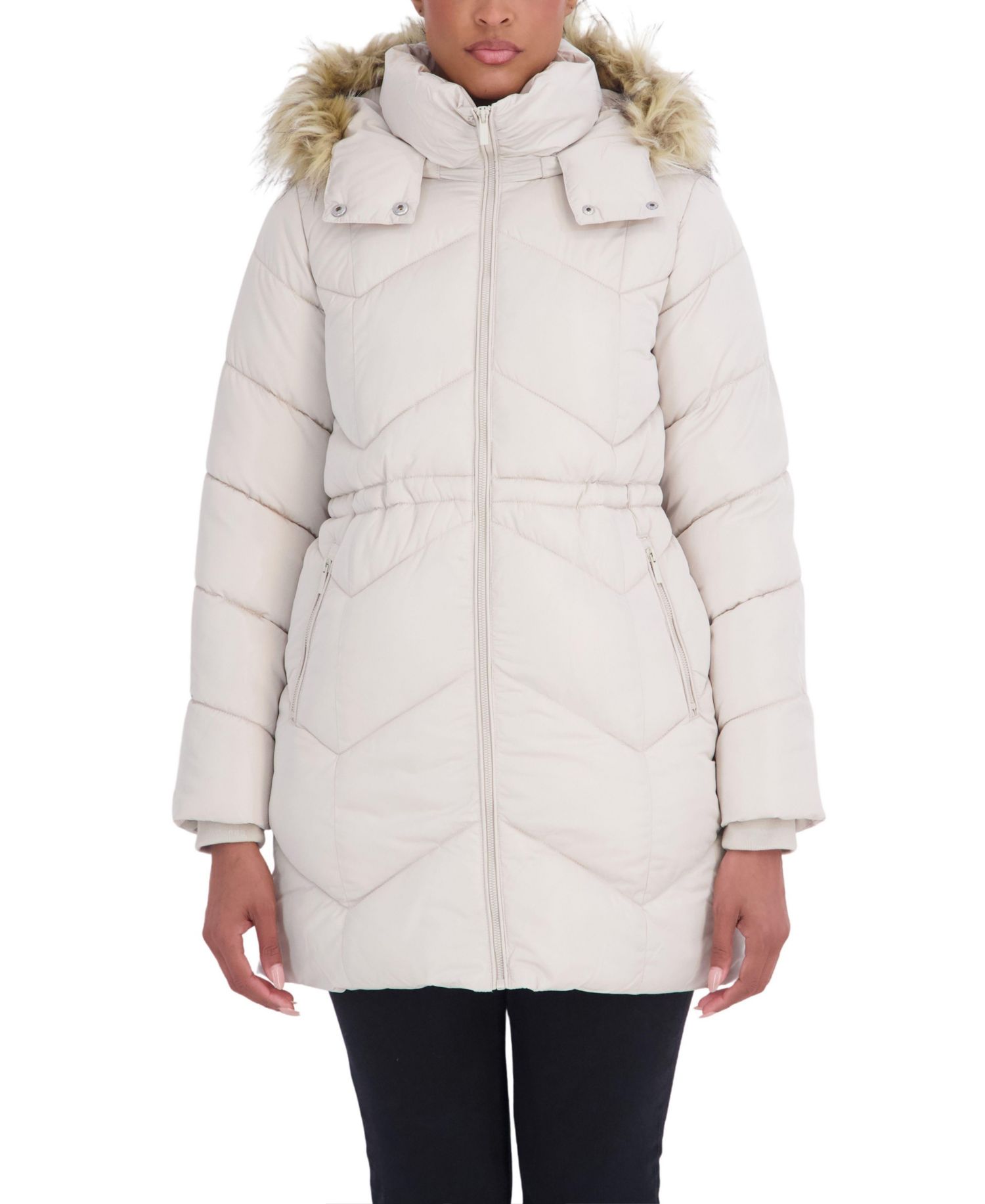 Women's 3/4 Hooded Faux Fur Trimmed Puffer Coat