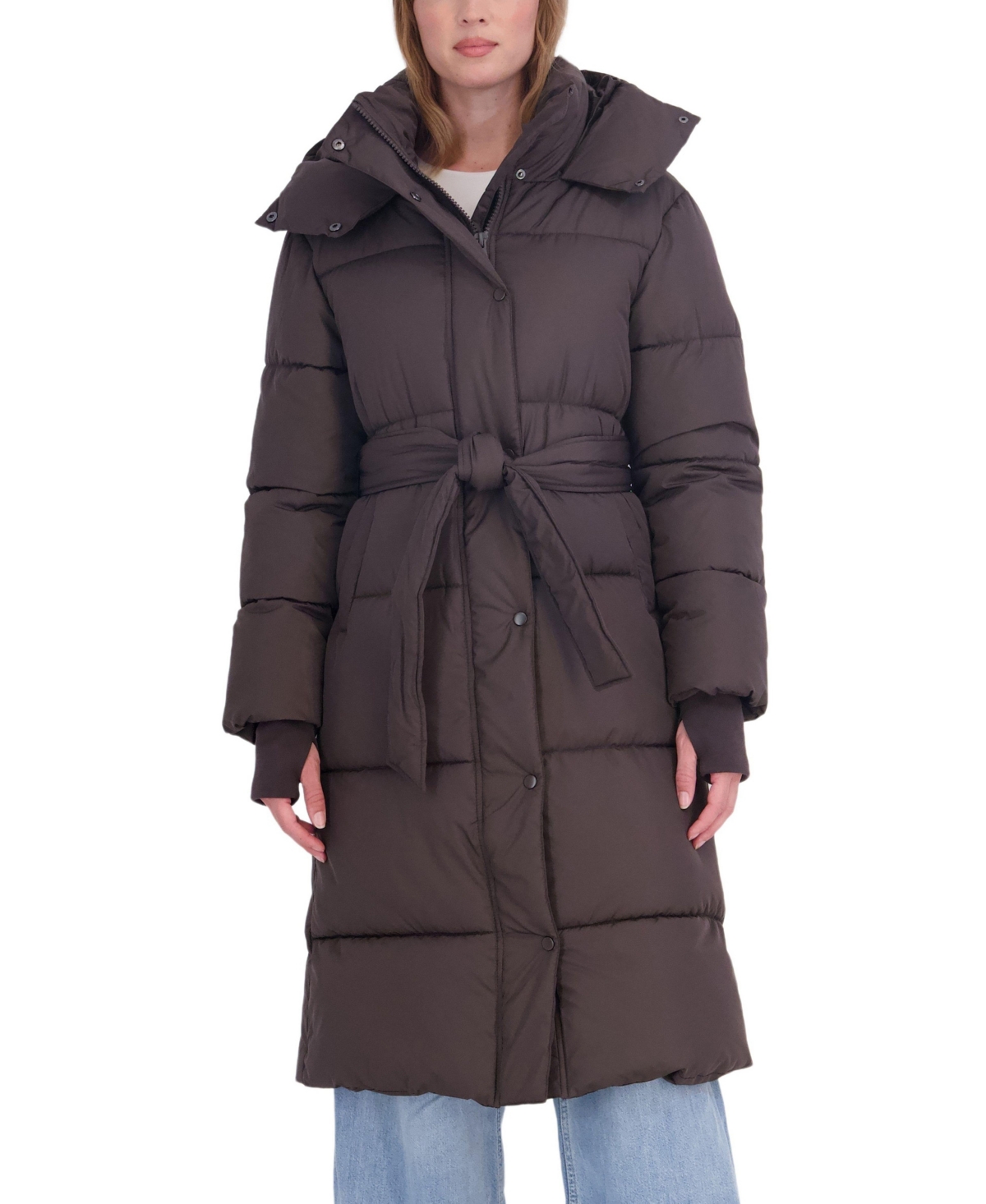 Sebby Collection Women's Long Hooded Belted Puffer Coat - Brown