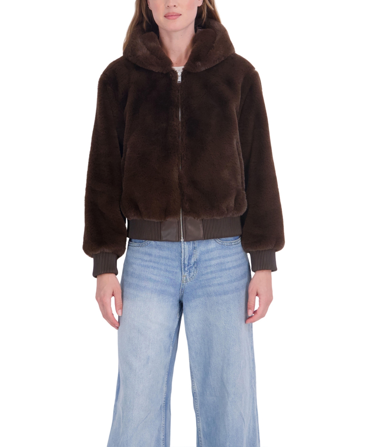 Sebby Collection Women's Hooded Faux Fur Bomber Coat - Brown