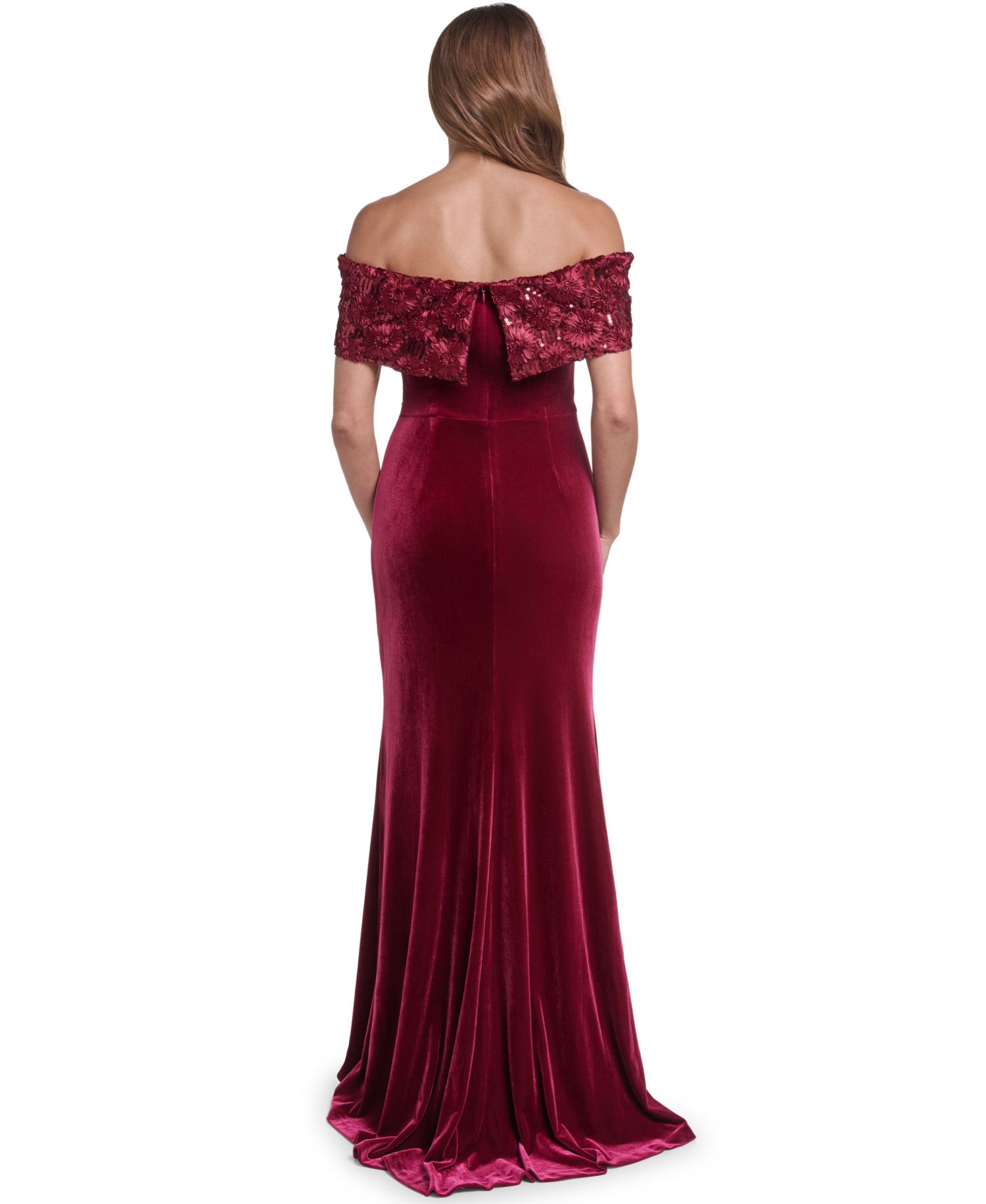 Women's Off the Shoulder Side Tuck Velvet Floral-Applique Sequin Gown