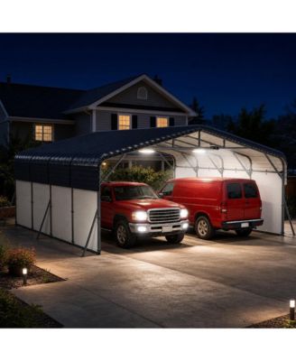 20x20ft Heavy Duty Metal Carport, 2-Car Carport Kit with Solar Lights and Removable PE Sidewalls, RV Boat Trailer Steel Garage Shelter