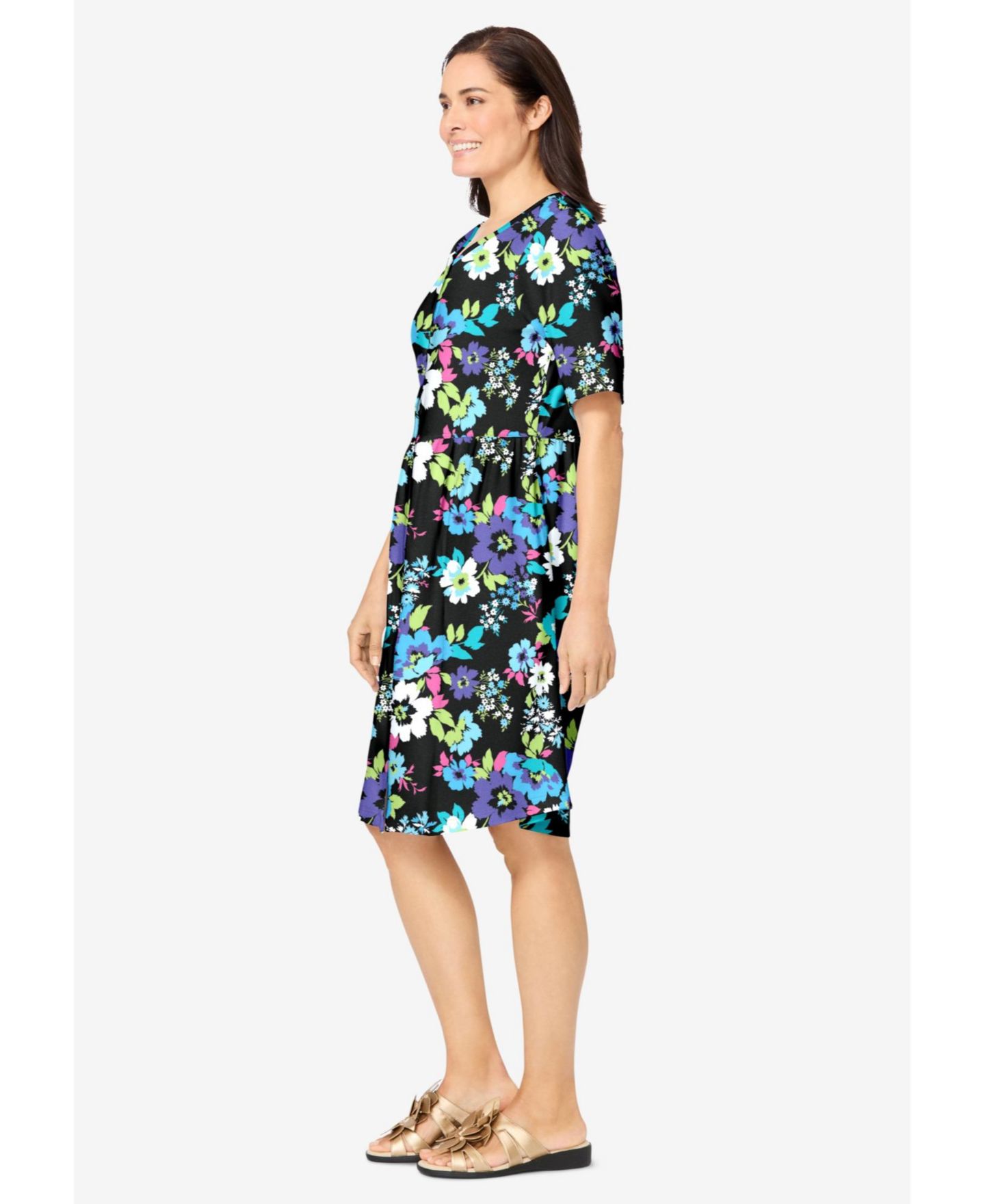 Женское платье Woman Within Plus Size Button-Front Short Essential, цвет: Чёрный разноцветный — фото 4
