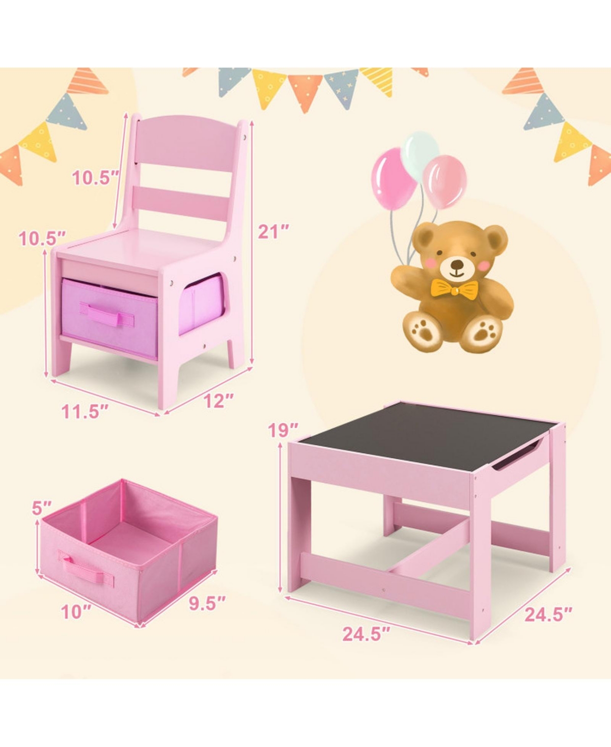 Gouun Kids Activity Table 2 Chairs Set Chalkboard Whiteboard with Storage Boxes