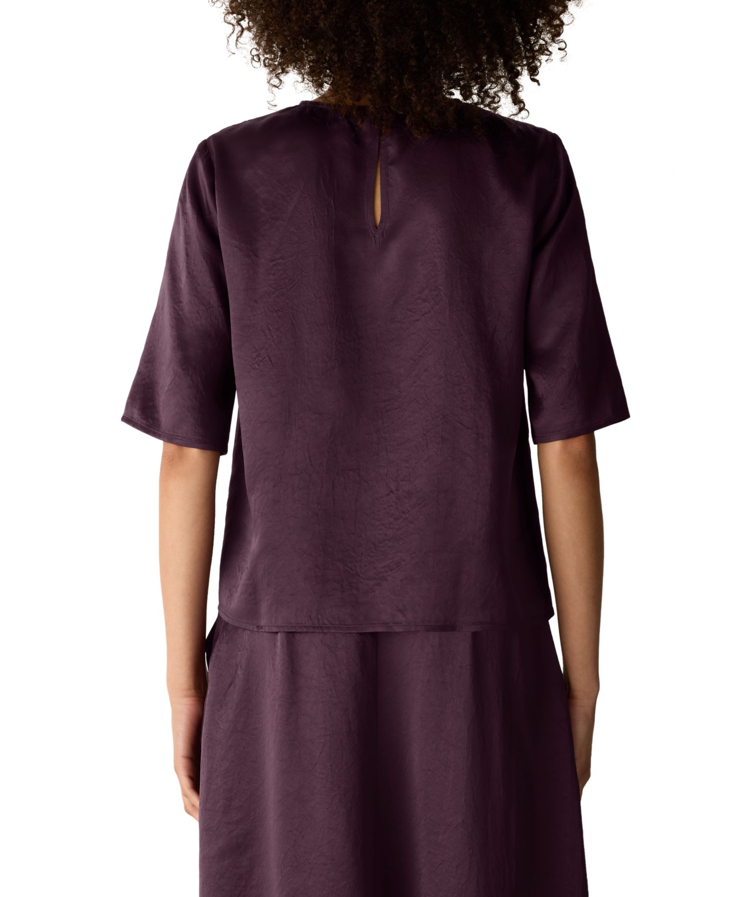 Women's Crewneck Elbow-Sleeve Crinkled-Satin Blouse