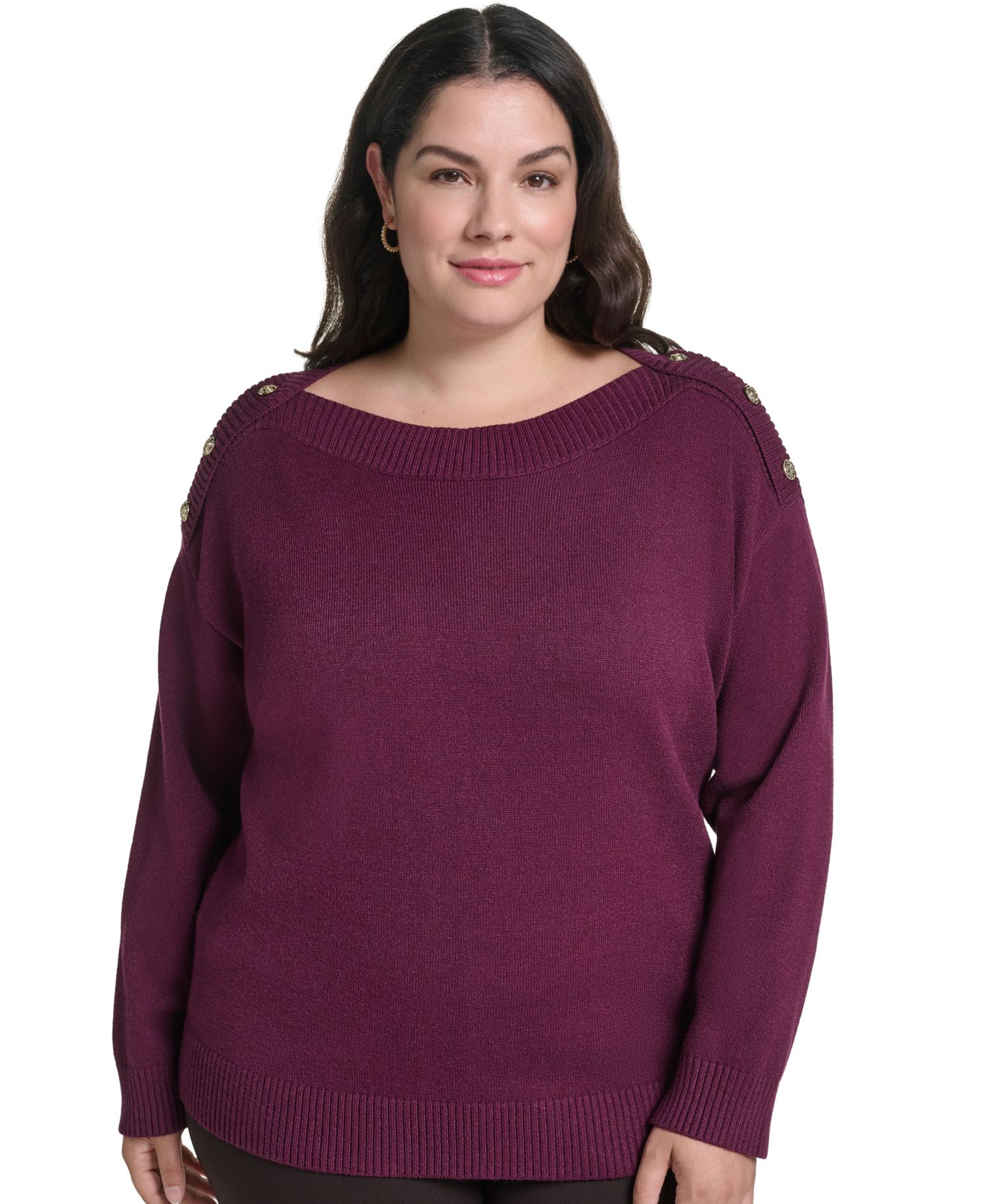 Plus Size Boatneck Button Shoulder Overlay Sweater