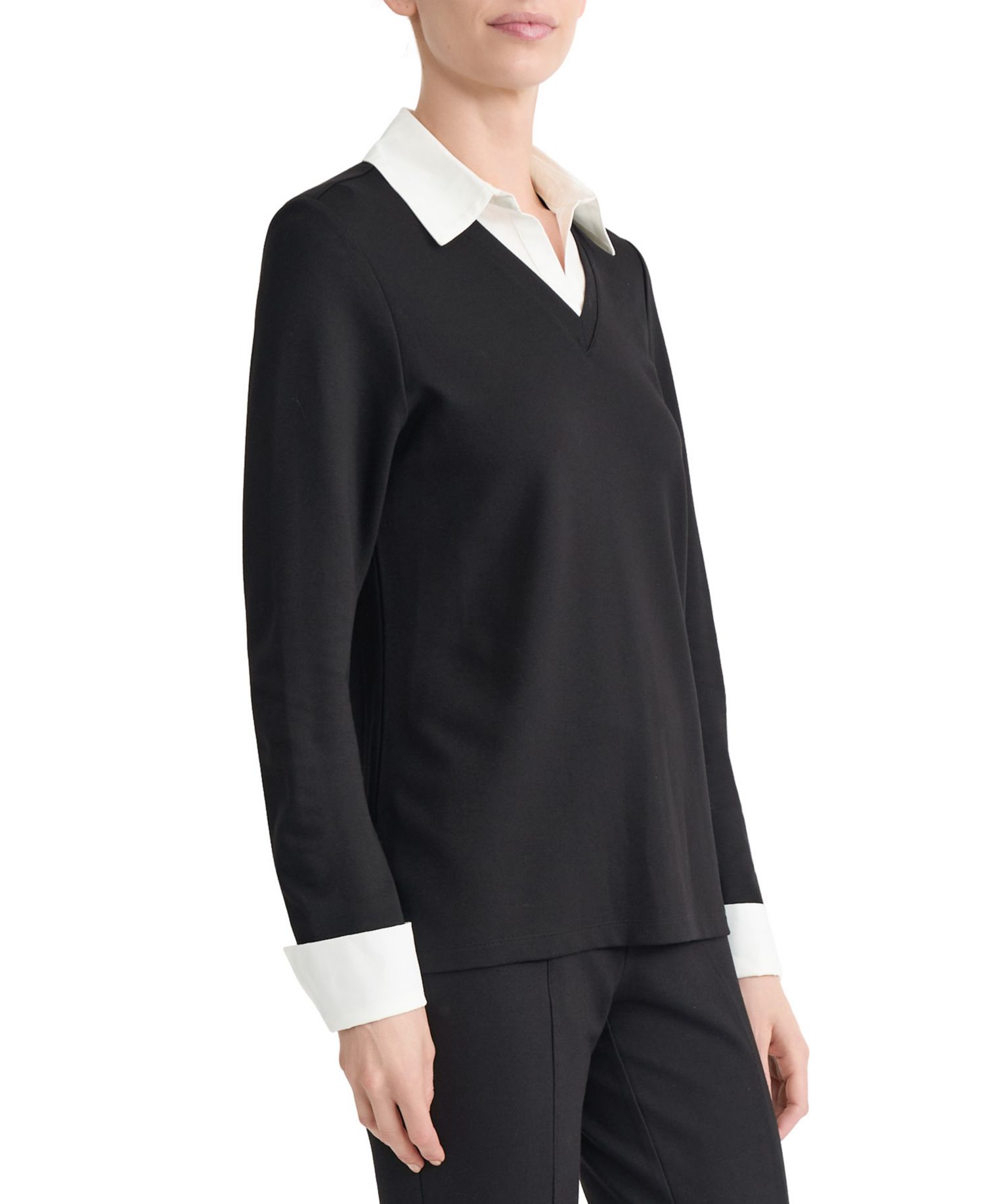 Petite Mixed Media Twofer Long-Sleeve Collared V-Neck Blouse