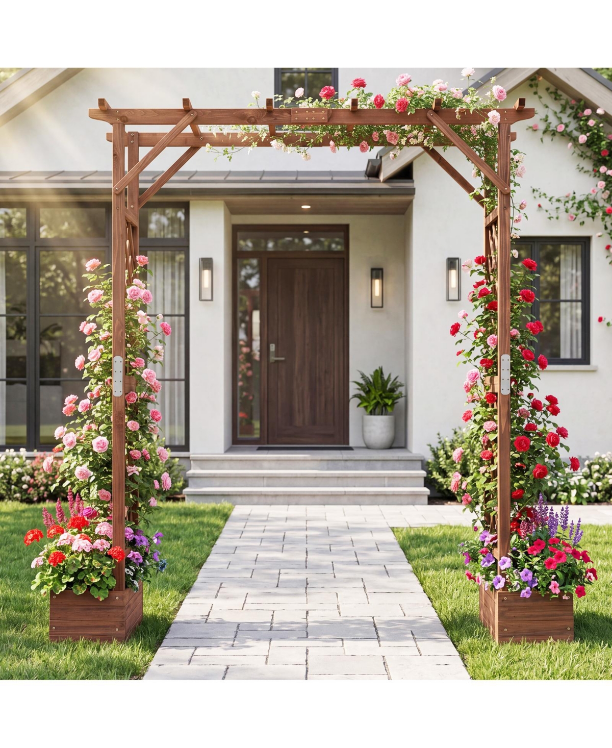 Gymax 87 Inch Tall Wooden Garden Arbor with Planter Boxes and Hanging Roof for Plants