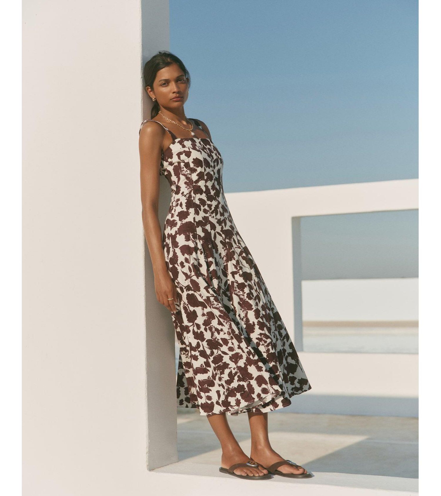 Women's Floral-Print Sleeveless A-Line Linen-Blend Midi Dress