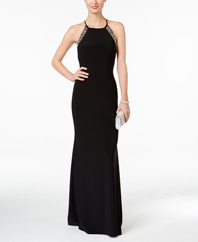 Betsy & Adam Embellished Halter Gown