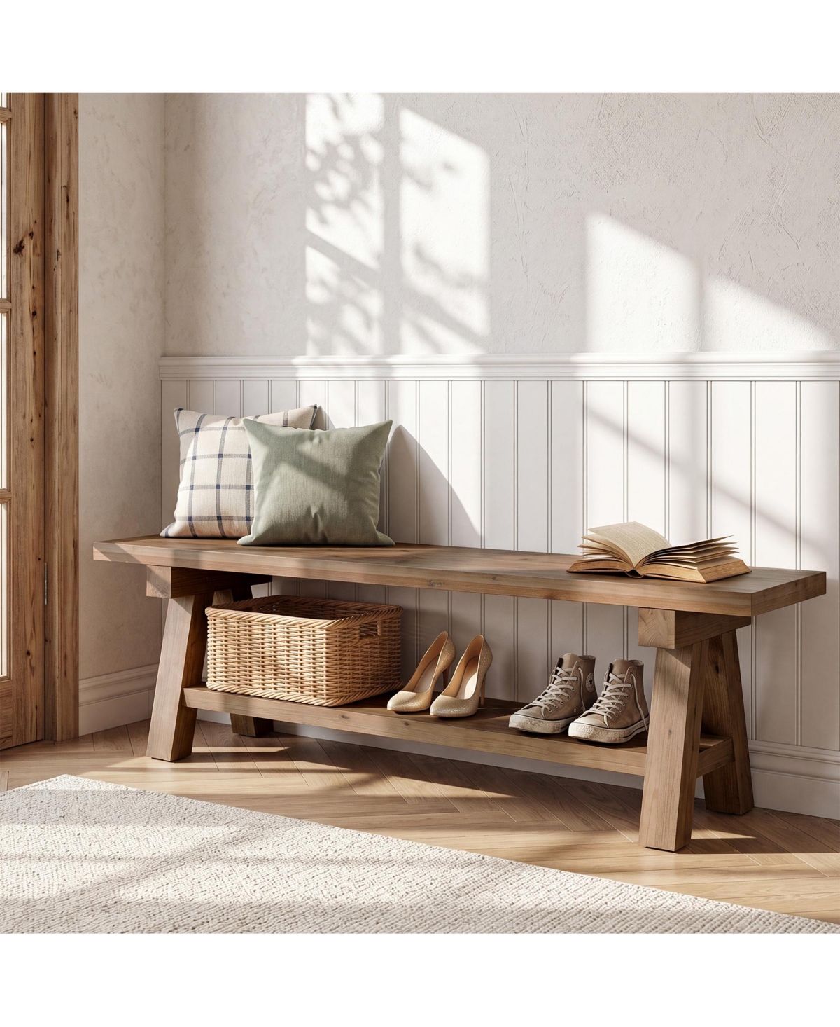 Tribesigns 63" Solid Wood Entryway Bench, Farmhouse Dining Bench