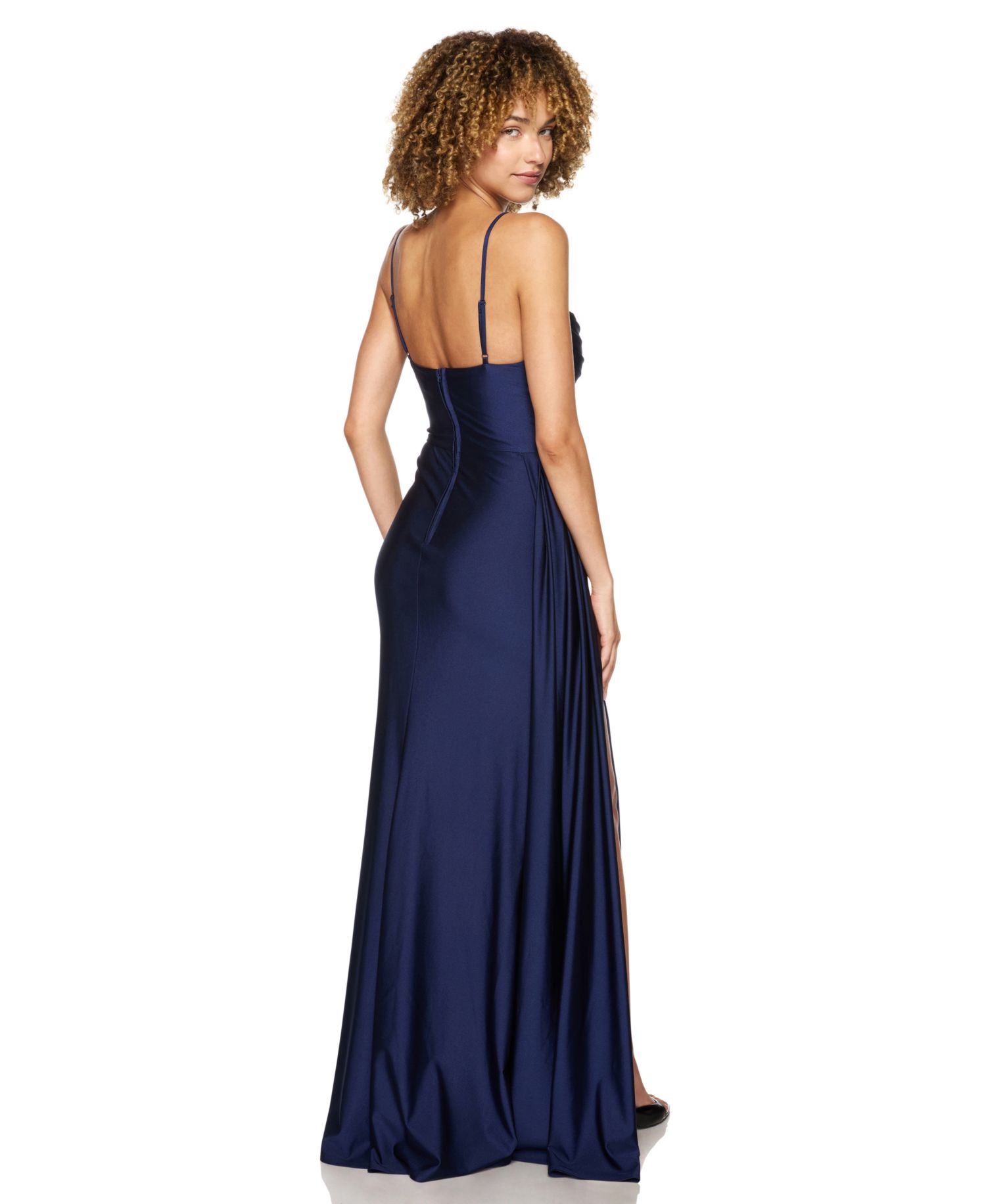 Juniors' Sleeveless Cowl Neck Shiny Knit Gown