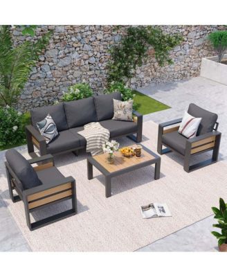 Outdoor Patio Conversation Set Durable Aluminum Sofas, Plush Cushions, Wood Texture Table Weatherproof