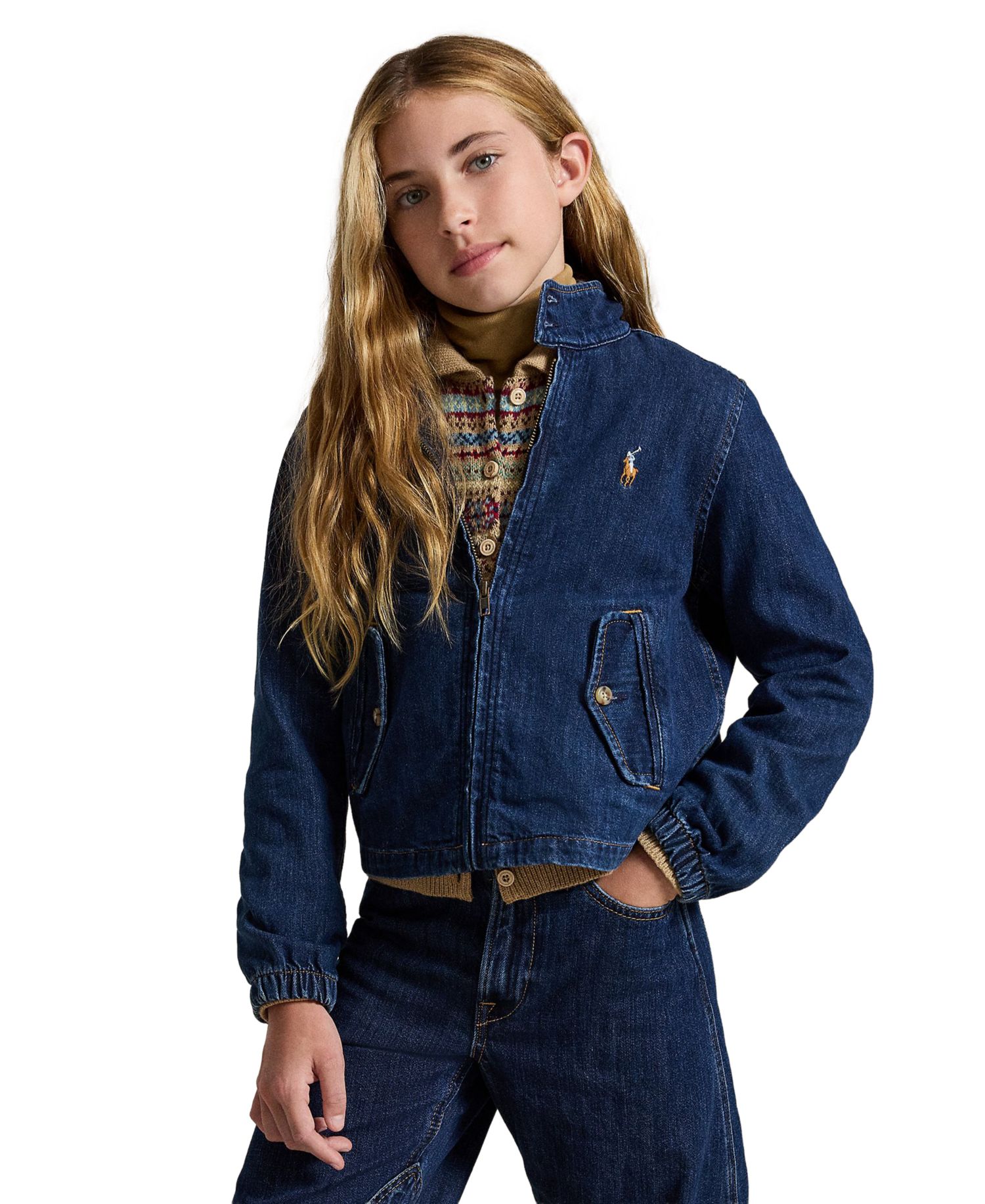 Girls' 7-16 Indigo Mock Neck Denim Jacket