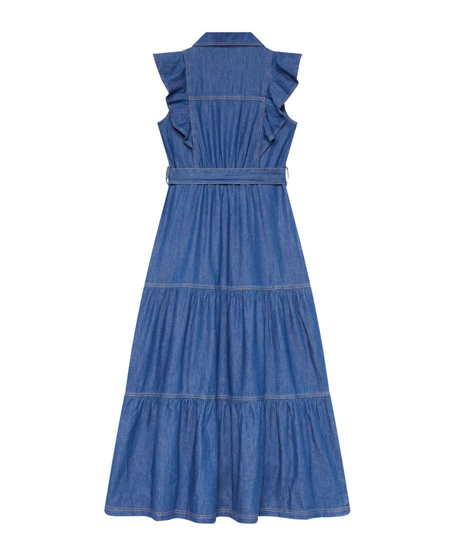 Women's Denim Ruffle Maxi Shirt Dress