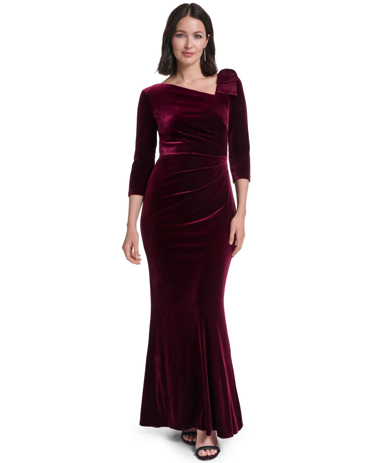 Women's Asymmetrical-Neck 3/4-Sleeve Bow-Detail Gown