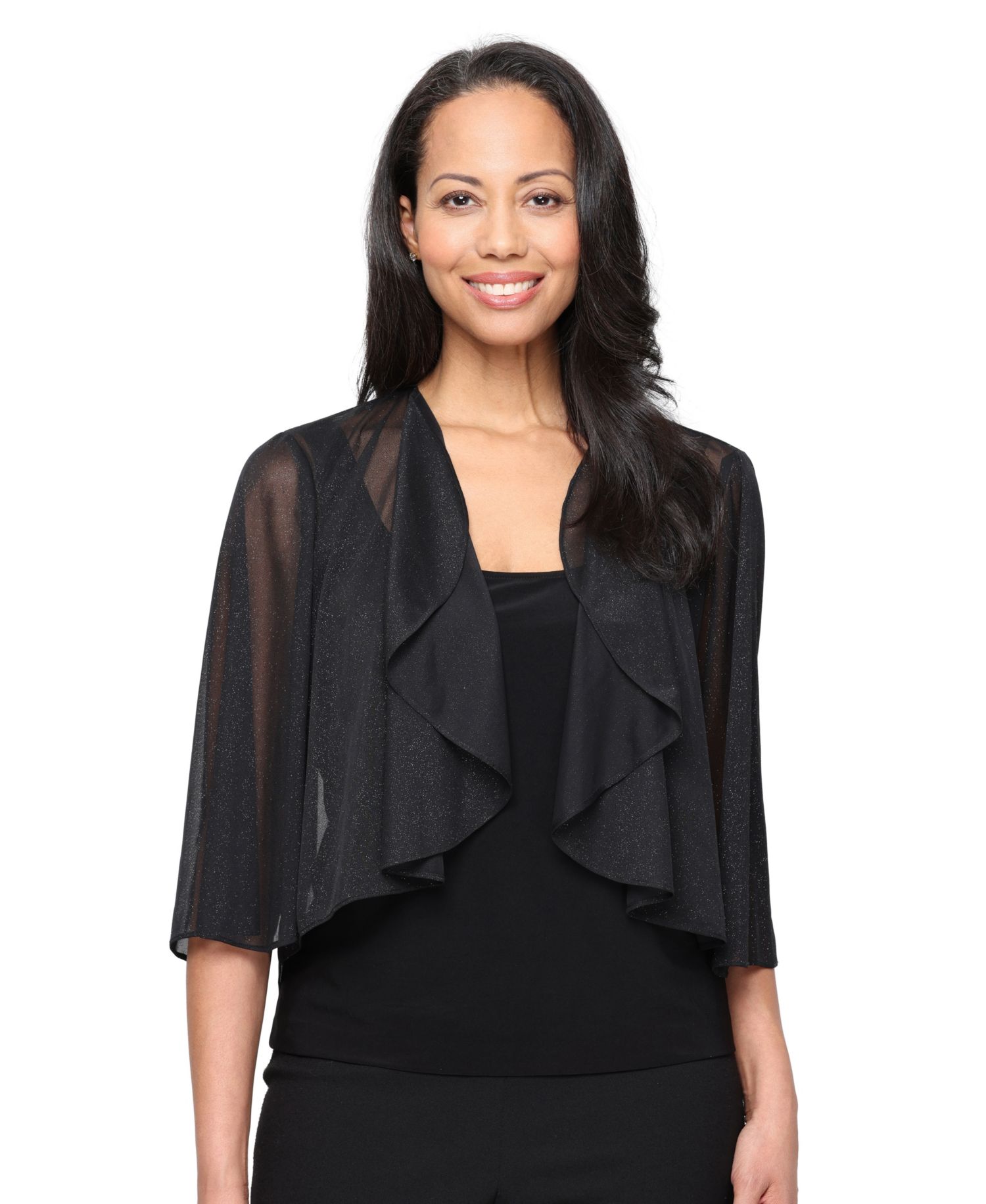 Women's Glitter Mesh 3/4-Sleeve Cascade Detail Coverup