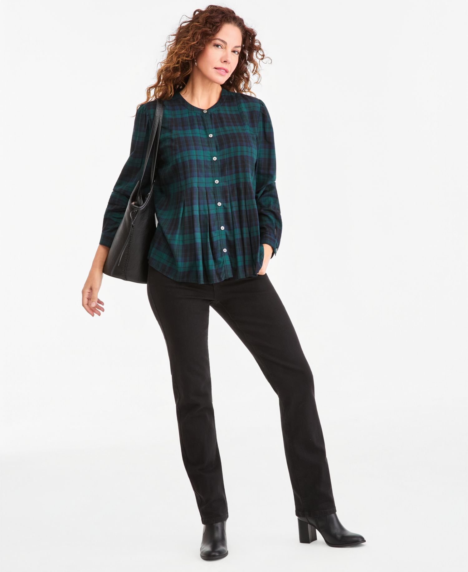 Women's Plaid Long-Sleeve Pleat Front Shirt