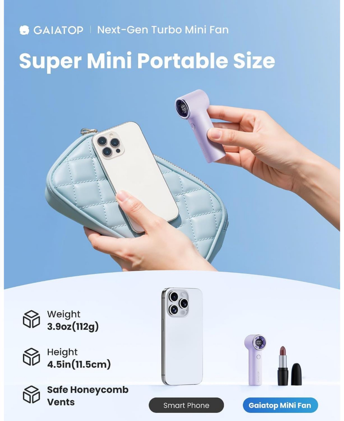 Gaiatop Mini Portable Handheld Fan, 15h Max Runtime Personal Turbo Fans Pocket Size, High Speed 1-100 Adjustable Small Hand Fan
