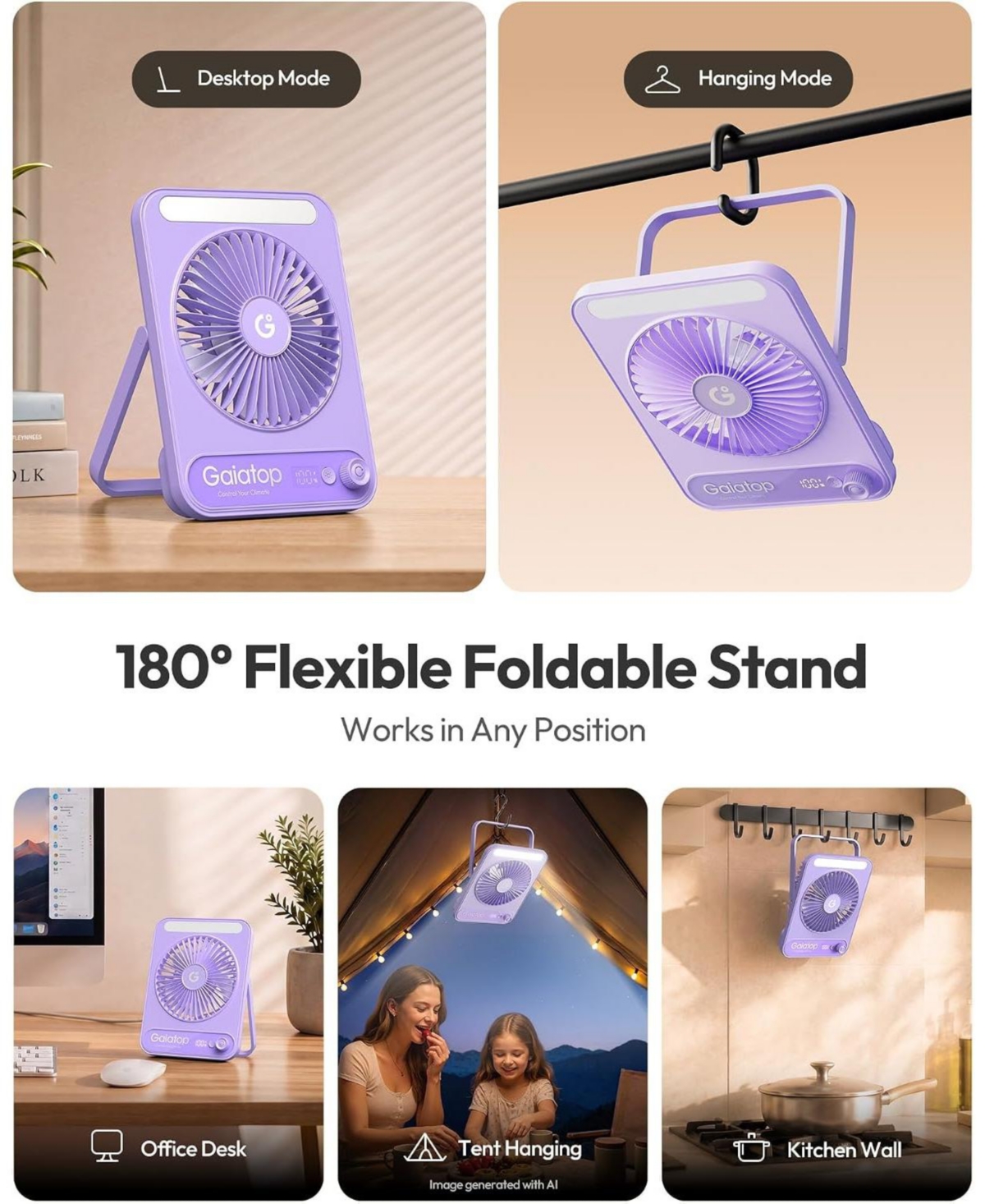 Gaiatop Small Desk Fan, 4000mAh Portable Fan for Travel with 3 Led Light, Max 18 Hrs Desk Fans Quiet for Bedside Desktop, Ultra-Slim Mini Fans.