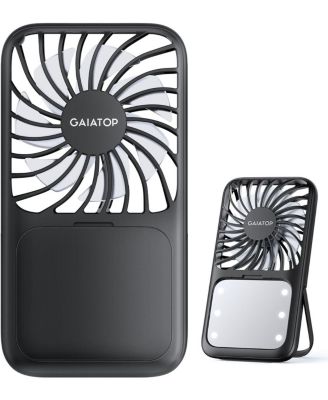 Portable Handheld Fan, 3 Speed LED Makeup Mirror with Light, Folding Stand for Desktop, Rechargeable Mini Personal Fans