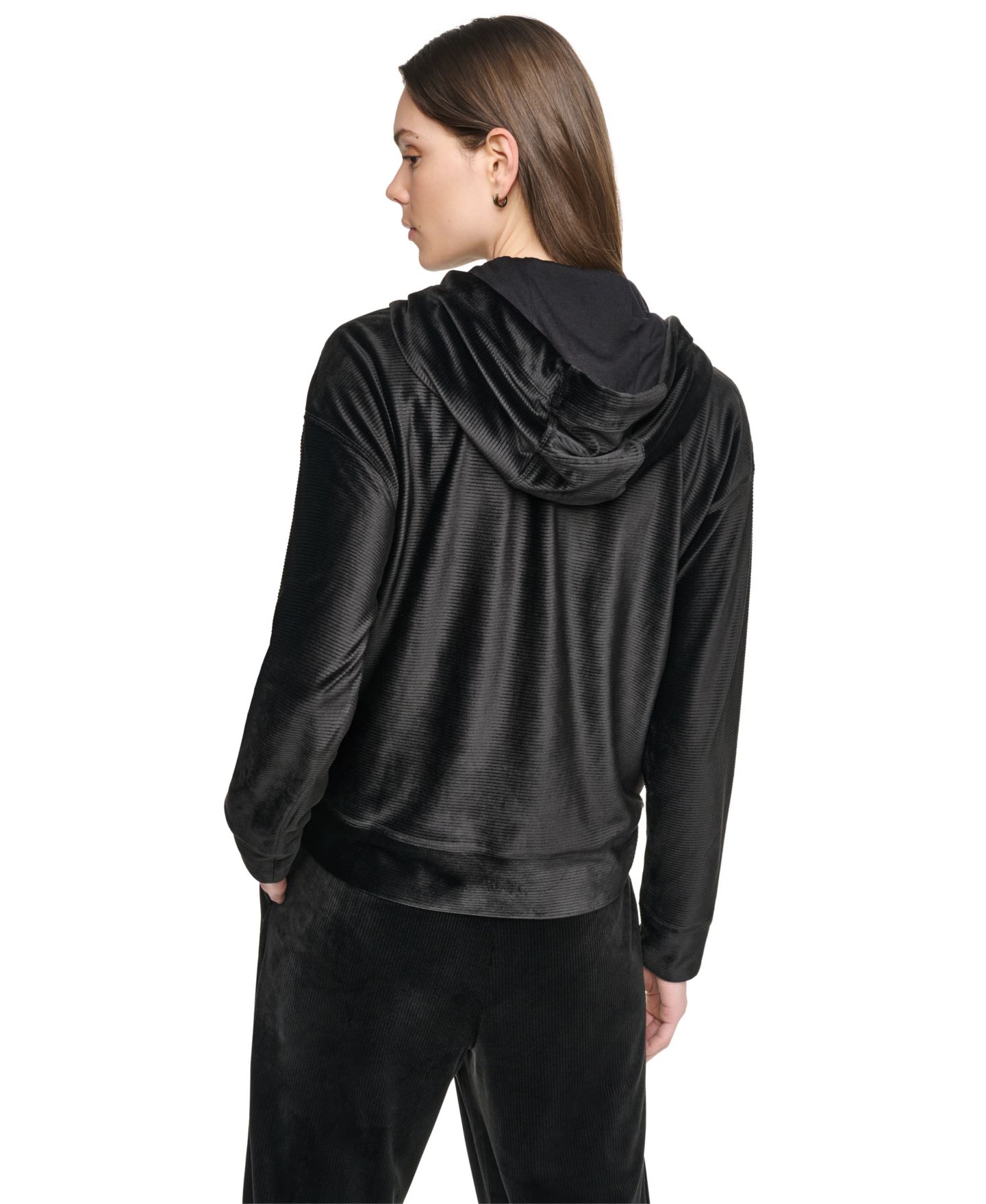 Женское худи DKNY Sport Full Zip Ribbed Super-Soft Velour, цвет: Чёрный — фото 3