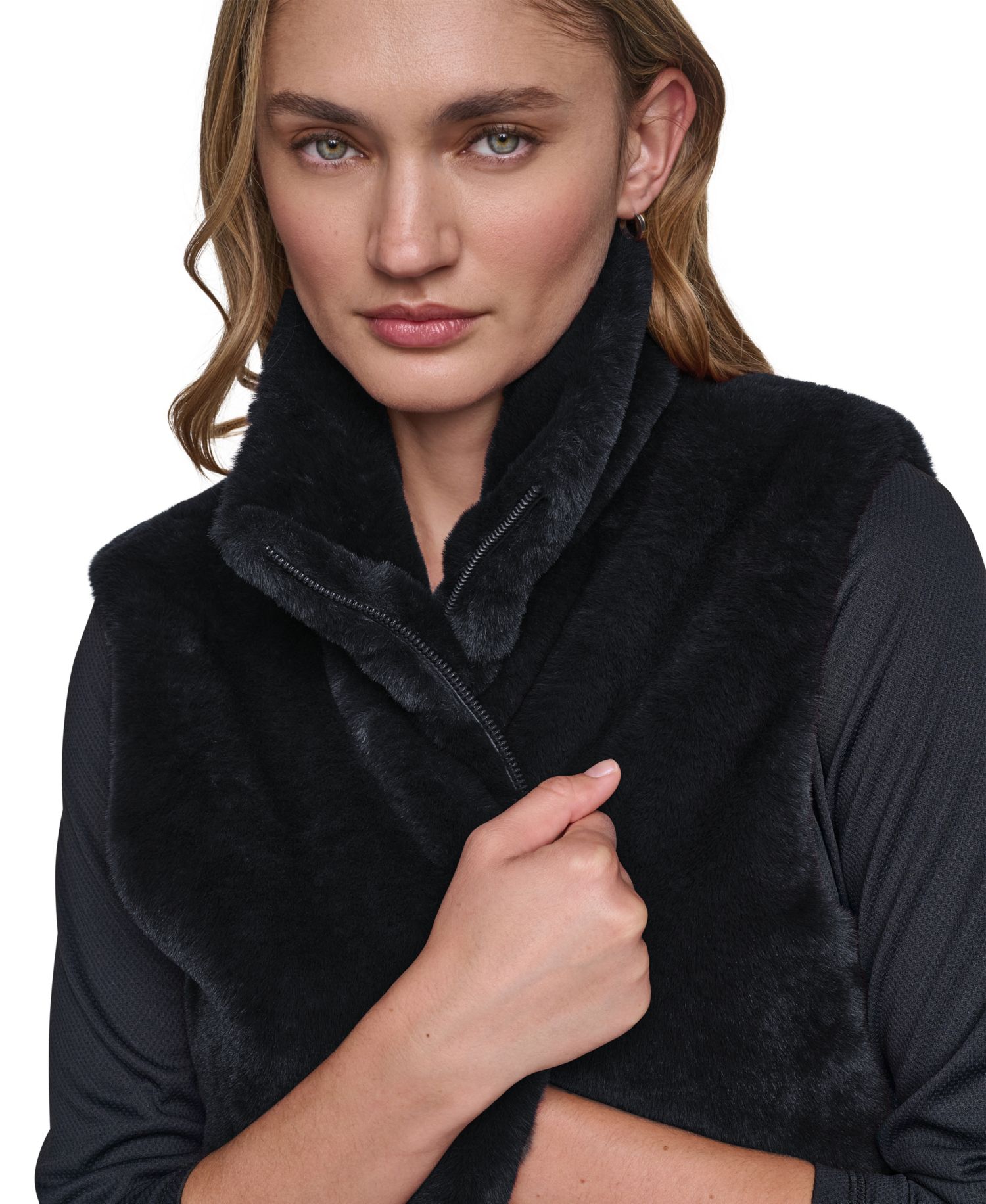 Women's Mock-Neck Ribbed-Knit Hem Faux Fur Vest