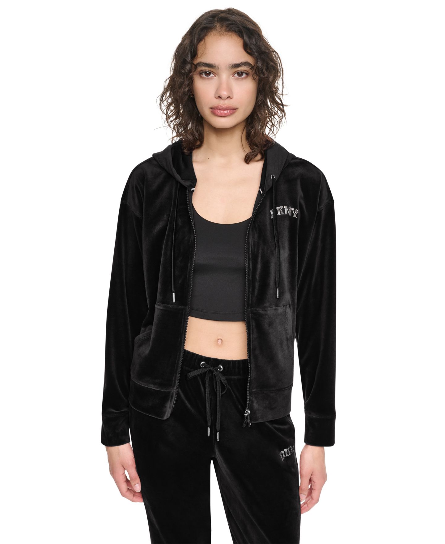 Женское худи DKNY Sport Super-Soft Velour High-Low Hem Zip, цвет: Чёрный — фото 2