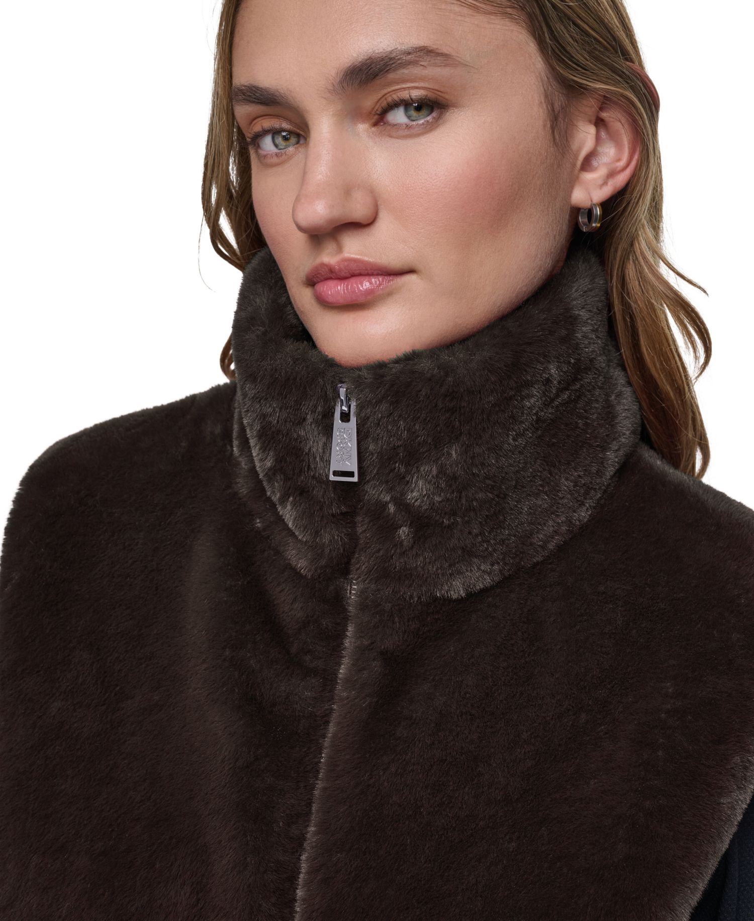 Women's Mock-Neck Ribbed-Knit Hem Faux Fur Vest
