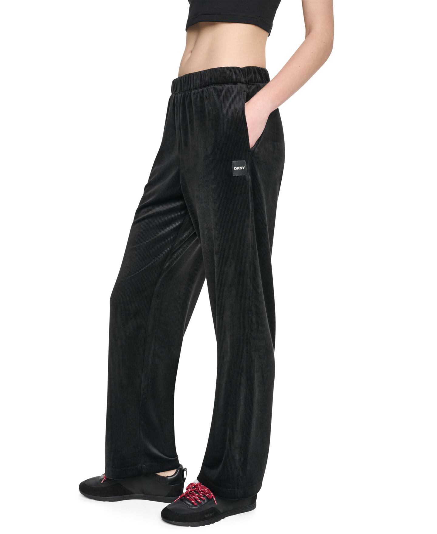 Женские брюки DKNY Sport High-Rise Ribbed Super-Soft Velour Straight Leg, цвет: Чёрный — фото 2