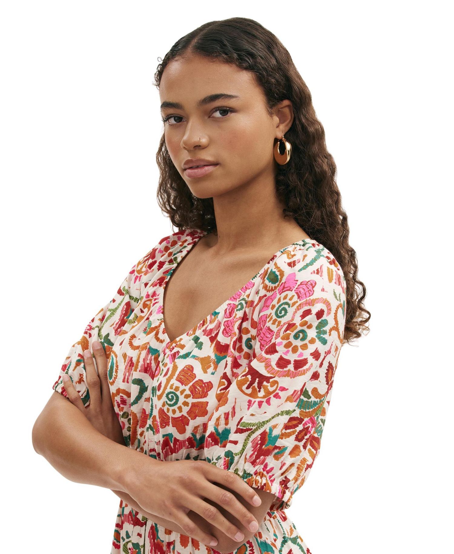 Women's Estee Floral-Print Short-Sleeve V-Neck Midi Dress