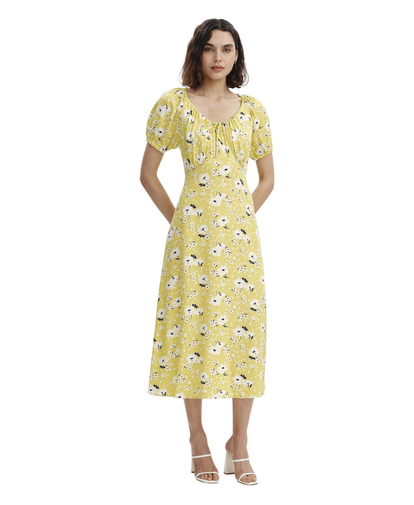 Женское платье Finery London Jada Puff-Sleeve Scoop-Neck Midi, цвет: Зелёный с принтом — фото 1