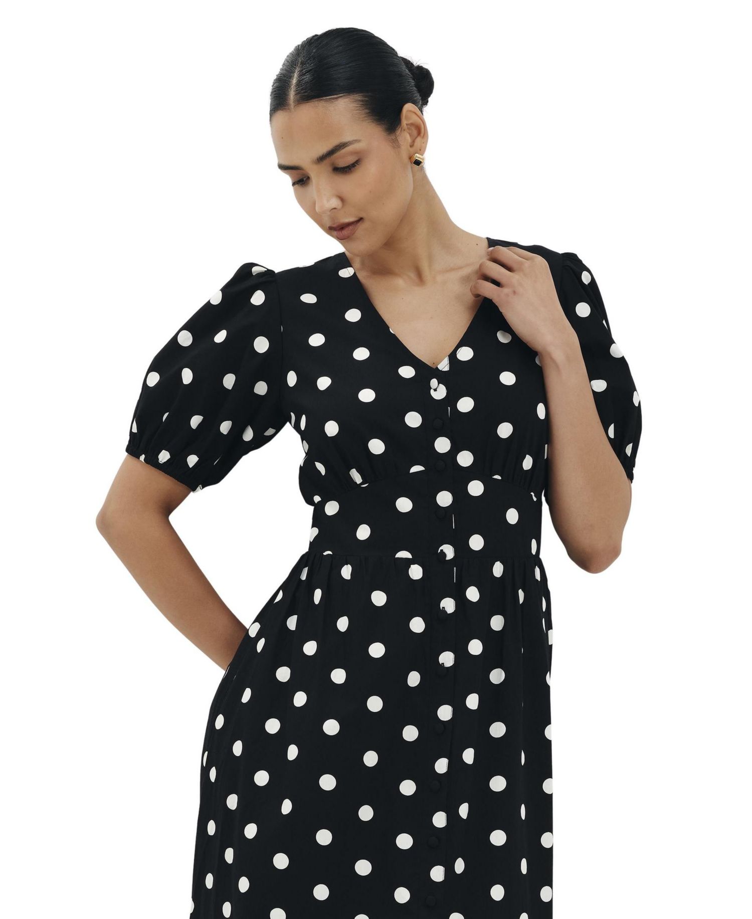 Women's Addison Polka-Dot V-Neck Short Puff-Sleeve Midi Dress