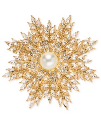 Imitation Pearl and Crystal Gold-Tone Snowflake Pin