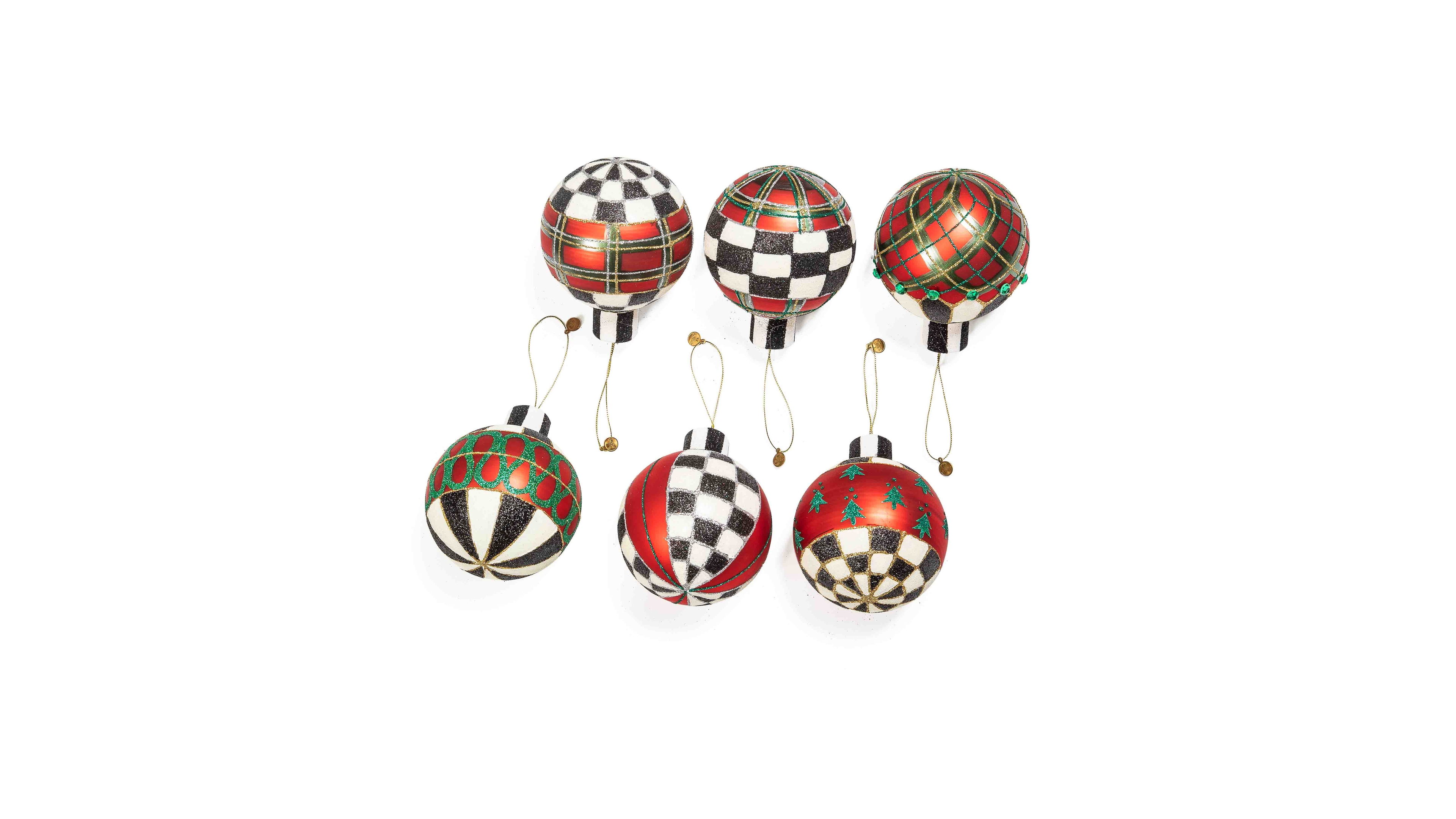 MacKenzie-Childs Tartan Glass Large Ball Ornaments, Set of 6
