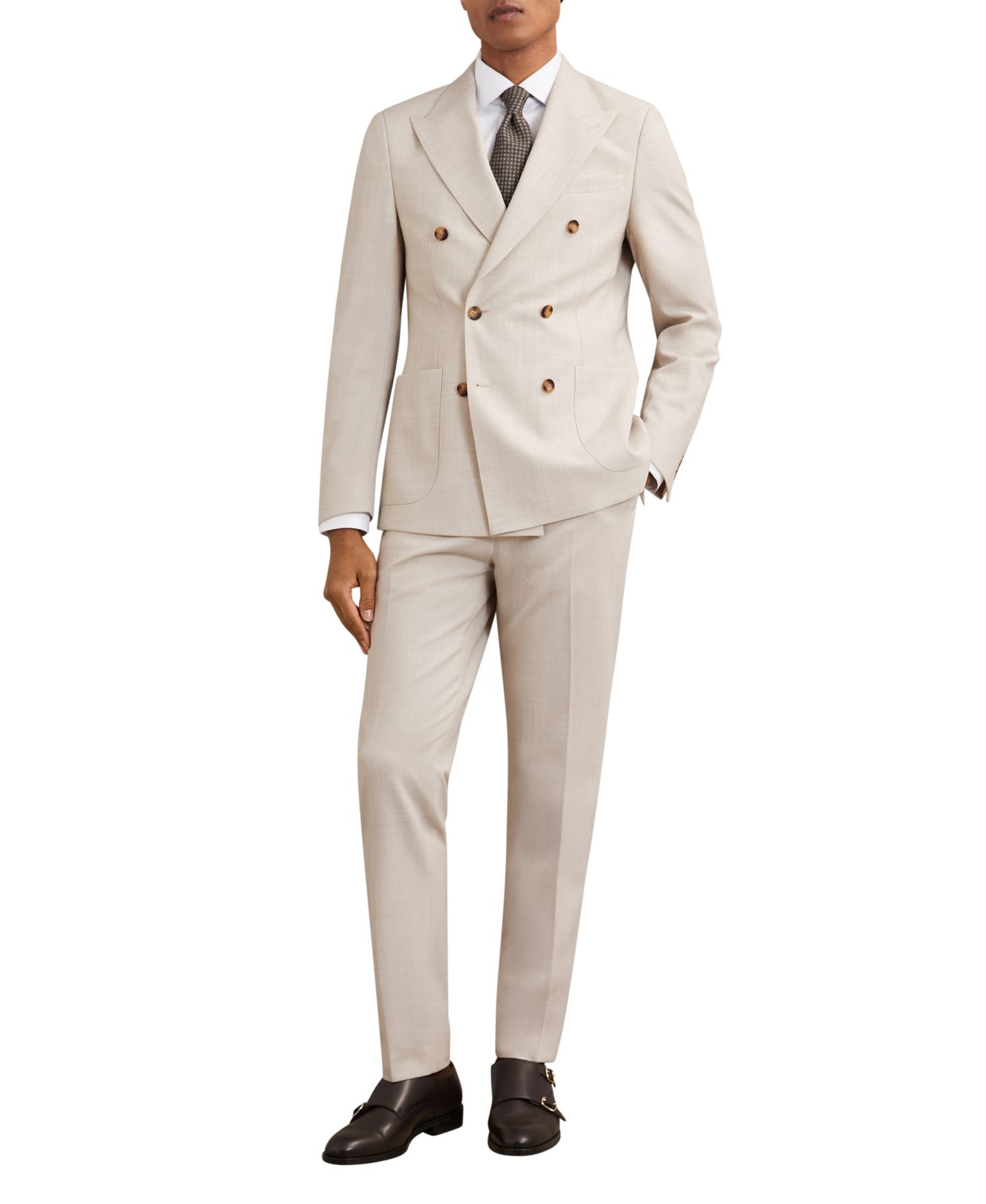 Мужские брюки REISS Belmont Wool-Blend Flat-Front Side-Adjuster Suit, цвет: Серо-бежевый — фото 3