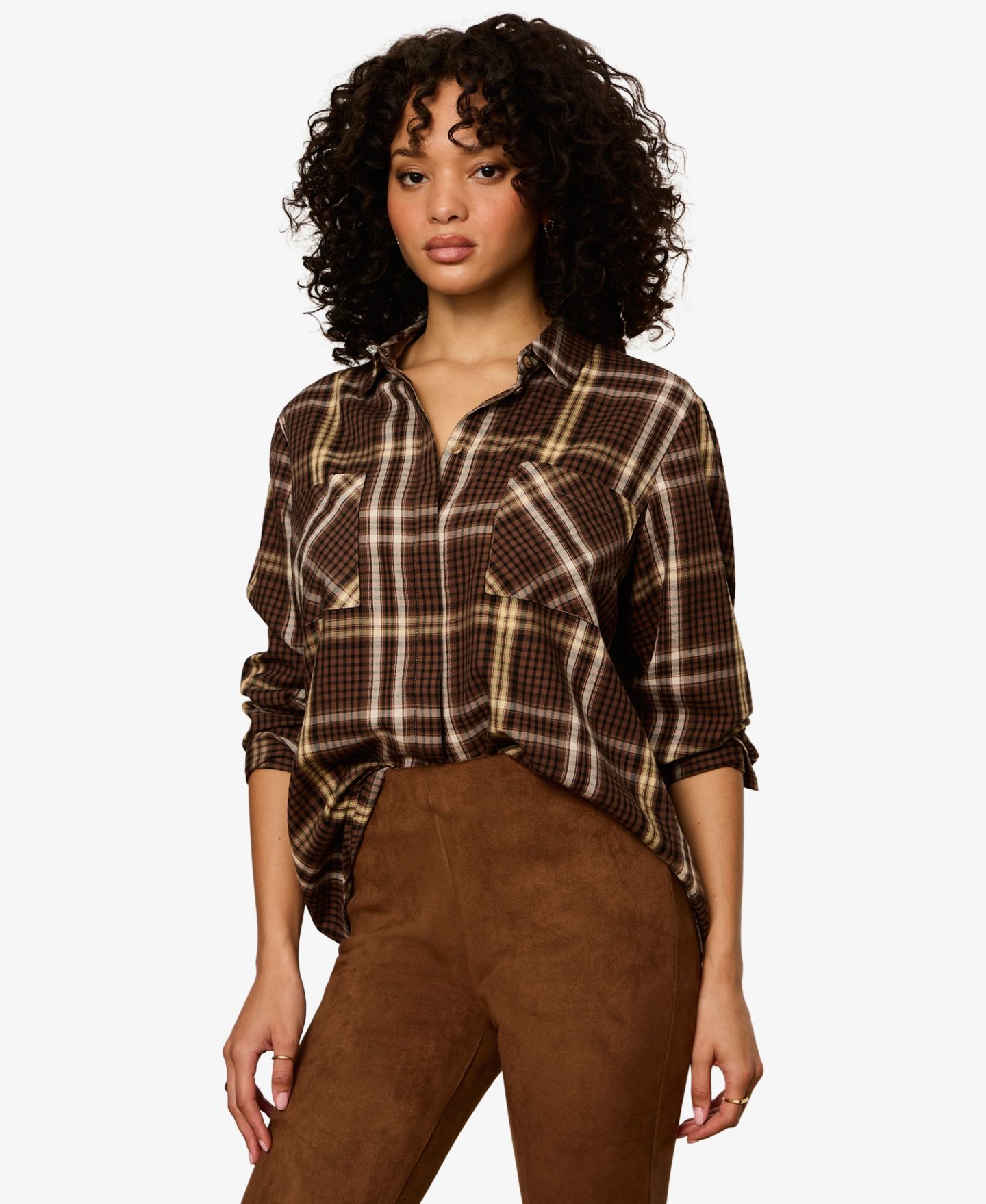 Женская рубашка Sanctuary Long-Sleeve Plaid Button-Up, цвет: Какао клетчатый — фото 4
