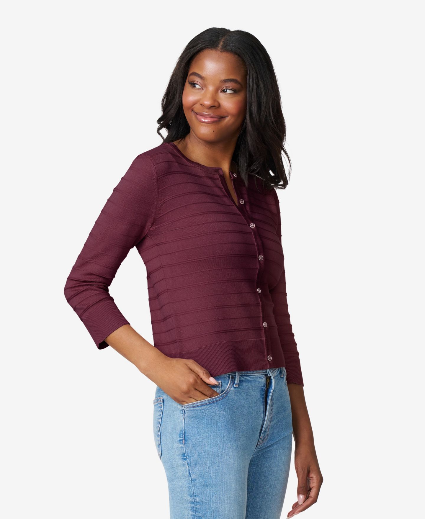 Женский кардиган Melissa Paige Petite Ottoman-Rib 3/4-Sleeve Crewneck, цвет: Каберне красный — фото 3