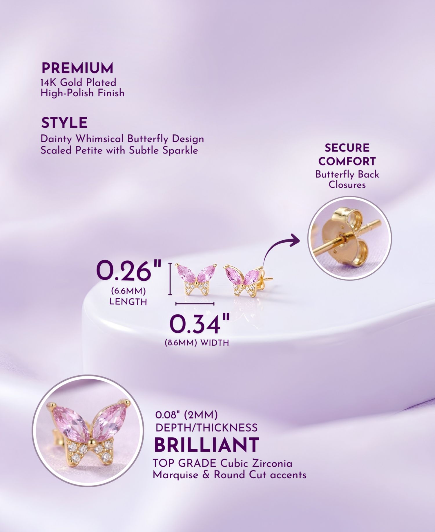 Dainty 14k Gold Plated Soft Pink CZ Butterfly Stud Earrings