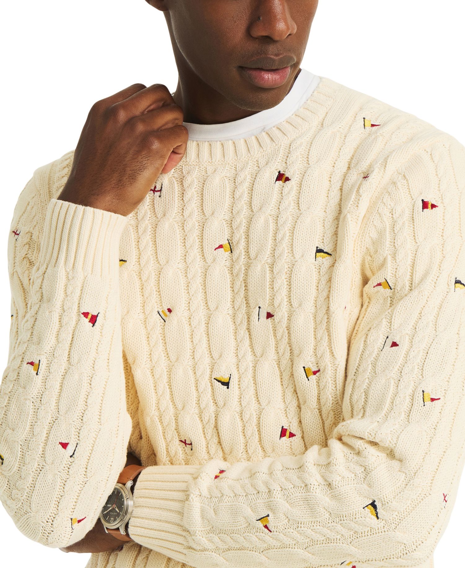 Men's Crewneck Embroidered Nautical Flag Cable Sweater