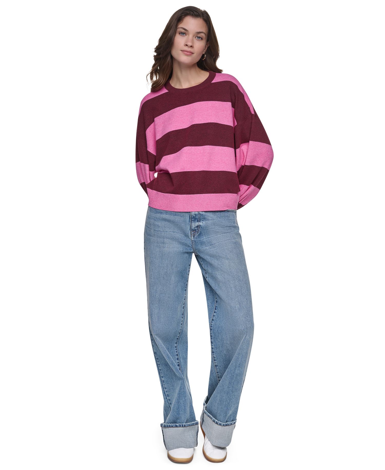 Women's Striped Blouson-Sleeve Oversized Sweater